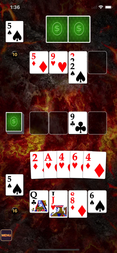 Spite & Malice - Classic Game - Schermata di gioco mobile del gioco di carte classico Spite and Malice che mostra pile di carte e mano del giocatore