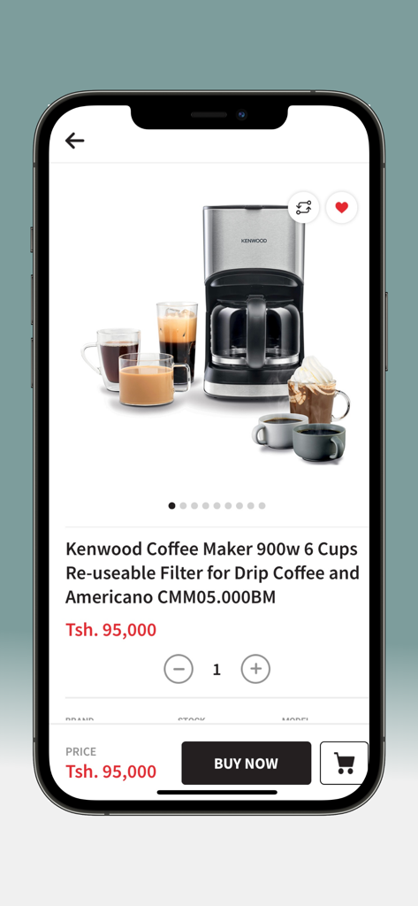 Nida & Danish - Nida and Danish mobile app product page showing a Kenwood coffee maker with price and buy now button