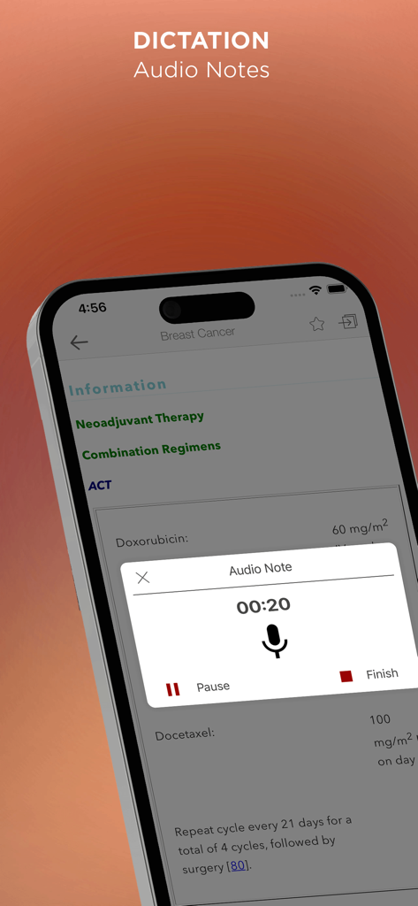 Cancer Chemotherpy Drug Manual - Smartphone screen showing the audio note dictation feature within the Cancer Chemotherapy Drug Manual app.