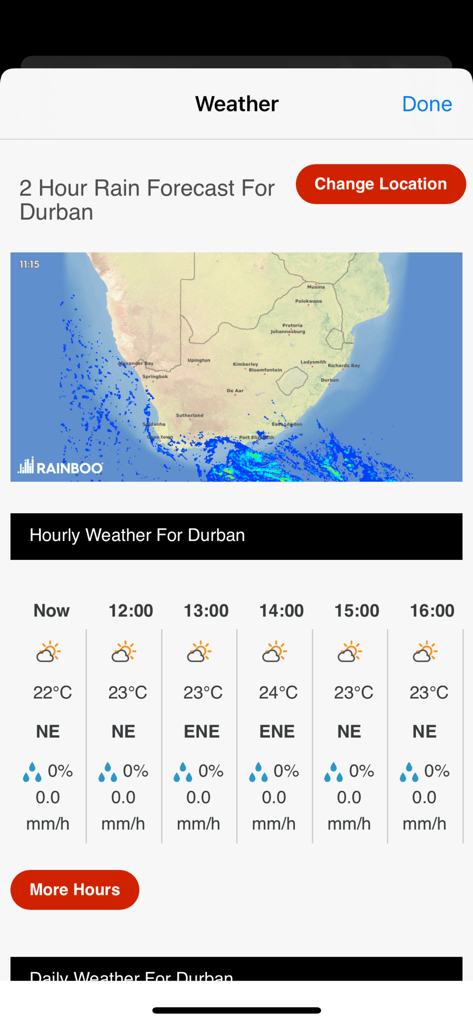 East Coast Radio - Weather forecast for Durban on the East Coast Radio app showing a rain map and hourly updates