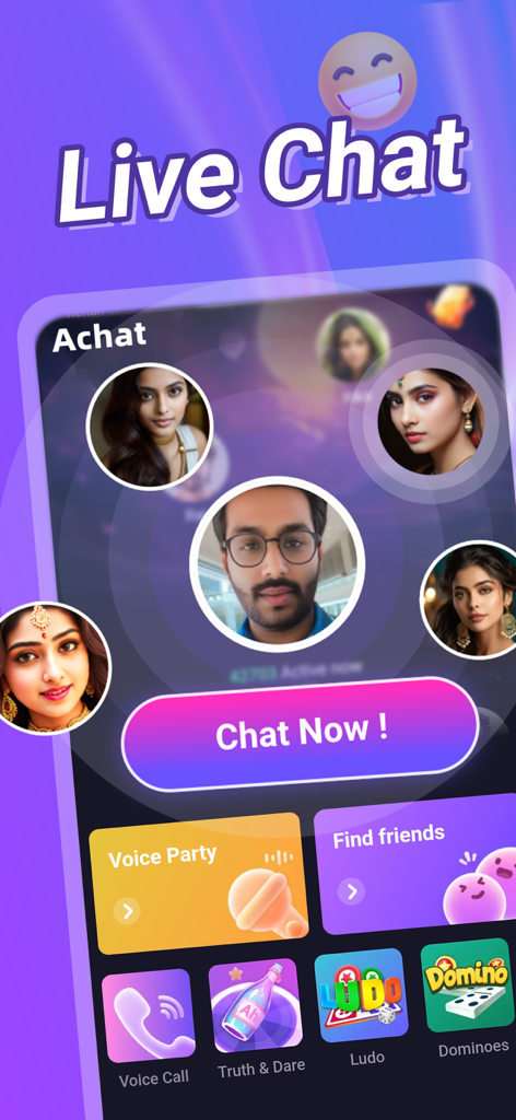 Achat- Live Chat& Make Friends - Achat app main interface showing profile circles of Indian users with live chat and gaming options like Ludo and Truth and Dare