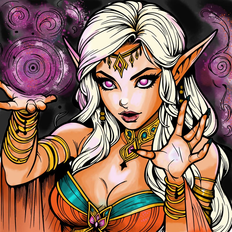 realistic scary beautiful elf sorceress casting spell