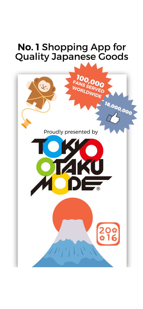 TOM Shop - Tokyo Otaku Mode shopping app intro screen featuring Mount Fuji and fan statistics