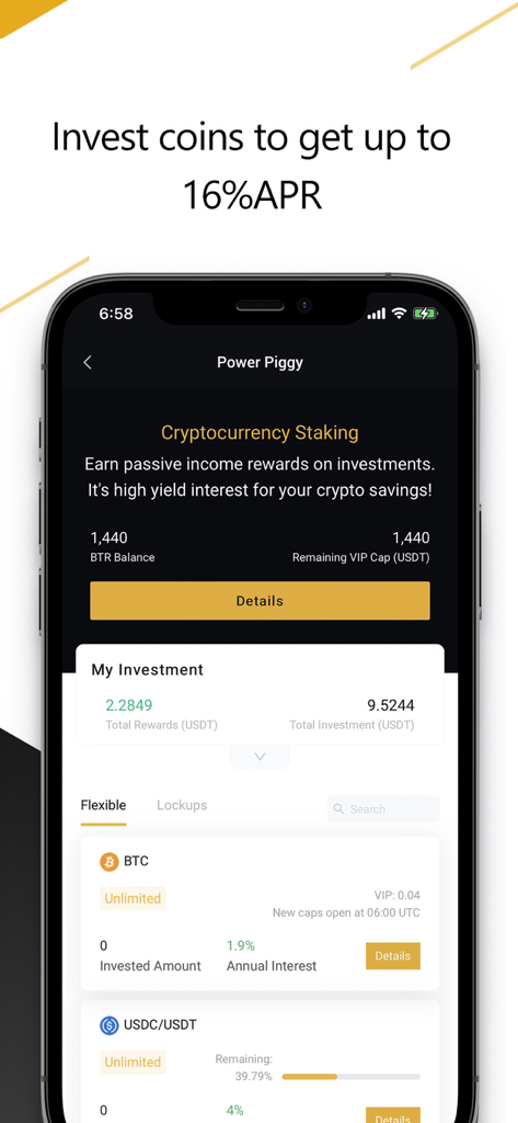 Bitrue - Buy BTC XRP & Crypto - Bitrue mobile app interface for Power Piggy cryptocurrency staking and passive income