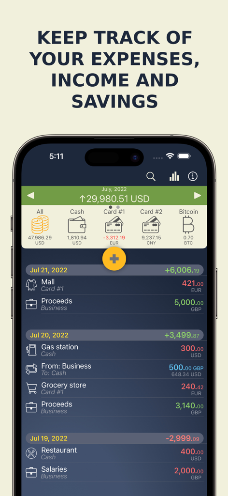 MoneyBe App-Dashboard auf dem iPhone mit Konten in mehreren Währungen und täglichen Finanztransaktionen