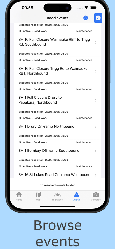 New Zealand Road Conditions - Pantalla de alertas de la aplicación New Zealand Road Conditions que enumera obras y cierres de carreteras activos