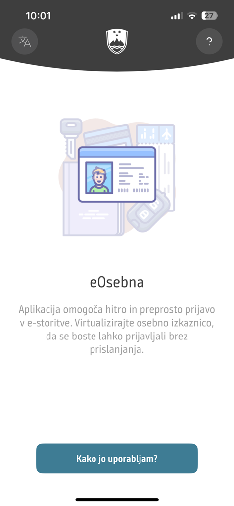 eOsebna - Welcome screen of the eOsebna app showing a virtual identity card illustration and information about logging into Slovenian e-services.