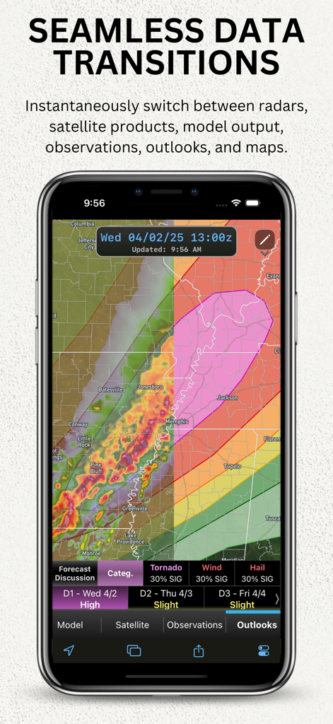 WeatherFront - Radar & Models - WeatherFront app interface showing seamless transitions between radar and severe weather outlooks