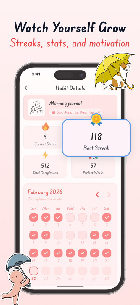 Cozy - Cute Habit Tracker - Cozy habit tracker app screen displaying streaks stats and a habit completion calendar