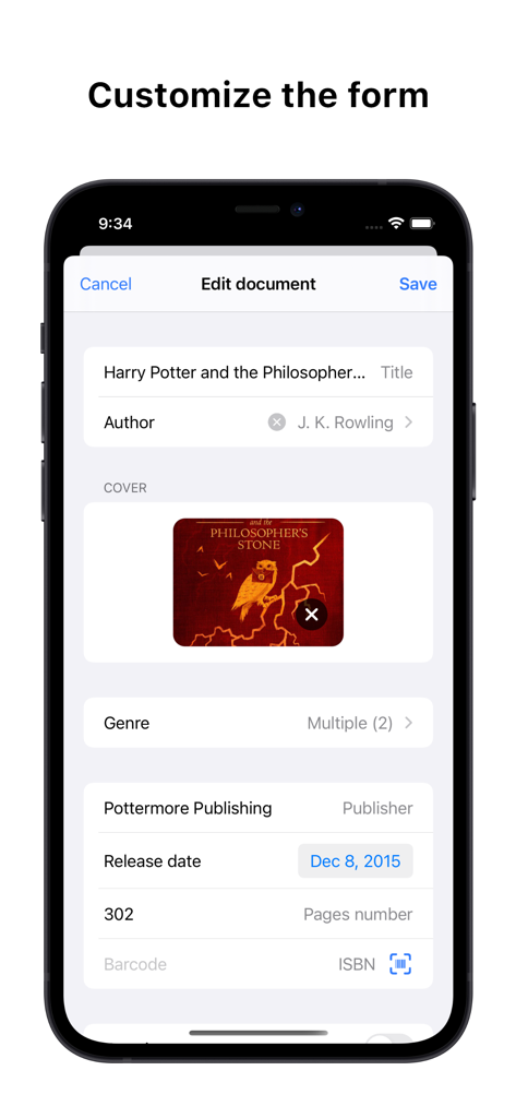 Collections Database - An iPhone screen showing a customizable form for editing book details within the Collections Database app