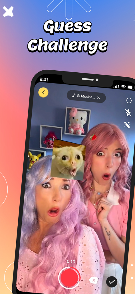 This or That: Filter Challenge - Dos mujeres jóvenes con el pelo de colores reaccionando a un divertido filtro de gato en modo Desafío de Adivinanzas