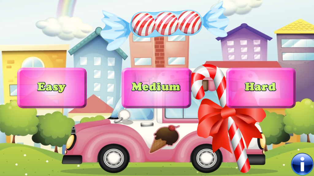 Schermata del menu del gioco Candy and Cake Match con i livelli di difficoltà Facile, Medio e Difficile