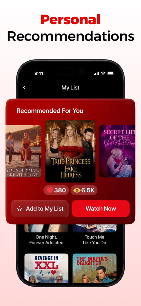 DramaTV – Watch Drama Shorts - Interface do aplicativo DramaTV exibindo recomendações personalizadas para séries de drama curtas.