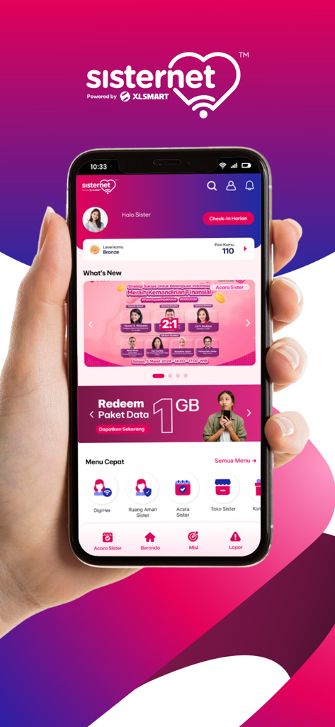 Sisternet - Pantalla de inicio de la aplicación móvil Sisternet que muestra el panel del usuario y el menú rápido para mujeres
