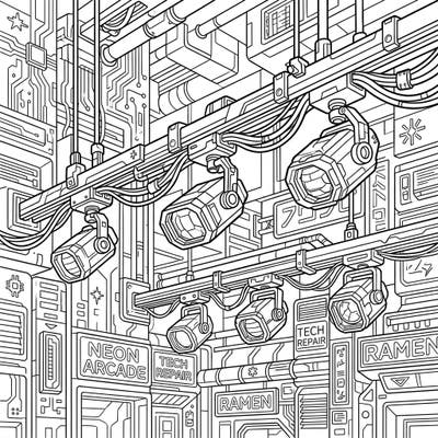 Step into a dazzling dystopian future with this unique Cyberpunk Track Lighting coloring page. Immerse yourself in a world of complex urban details, high-tech infrastructure, and glowing possibilities, waiting for your creative touch.