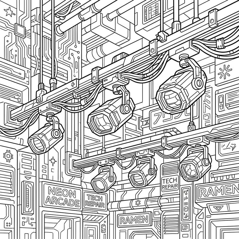 Step into a dazzling dystopian future with this unique Cyberpunk Track Lighting coloring page. Immerse yourself in a world of complex urban details, high-tech infrastructure, and glowing possibilities, waiting for your creative touch.
