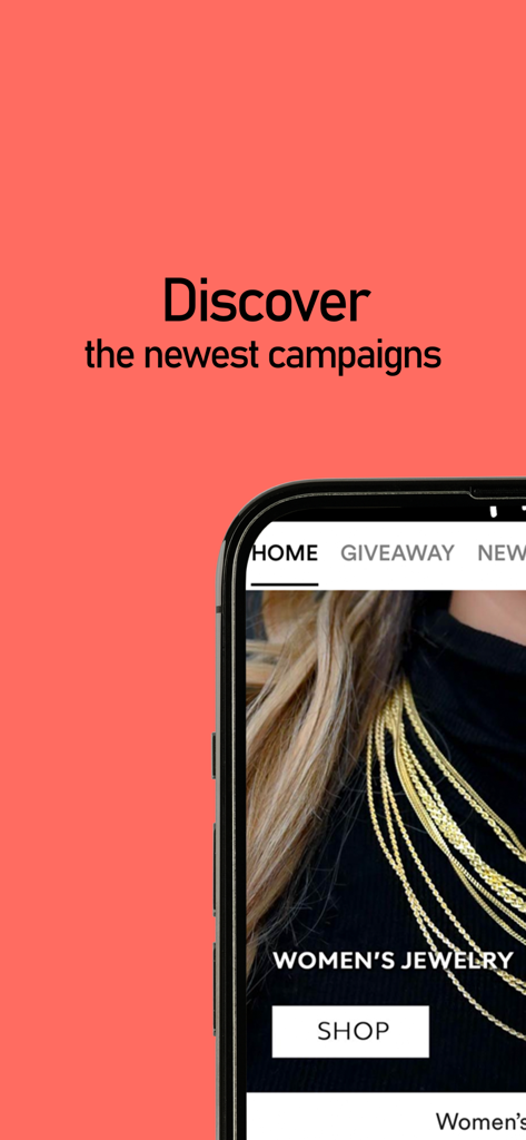 Gold Presidents - Gold Presidents app screen displaying the women's jewelry collection and discover campaigns message