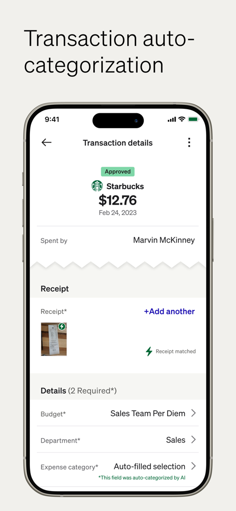 Transaction details screen showing AI auto categorization and receipt matching for a business expense