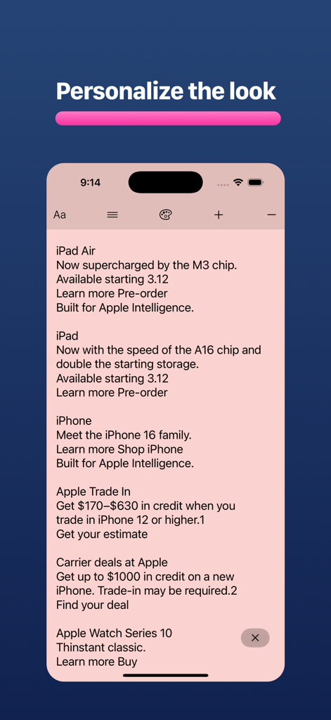 Lirely: Reader Mode Browser - Lirely app interface for personalizing the reader mode appearance with custom colors and fonts.