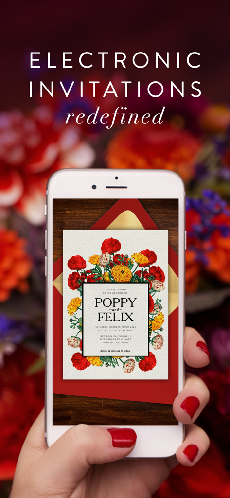 Greenvelope: Email/SMS Invites - Smartphone displaying a floral digital wedding invitation from Greenvelope