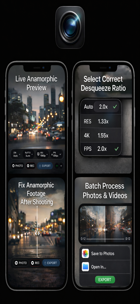 AnamorphicDesqueezer - Interface of AnamorphicDesqueezer app showing live preview and desqueeze ratio selection for anamorphic cinematography