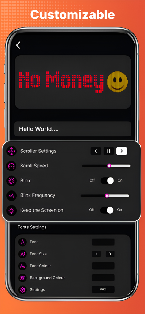 Letrero LED Digital - Anpassungsbildschirm für ein digitales LED-Banner mit Lauftext und Animationseinstellungen.