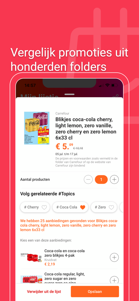 Mobilbildschirm mit einer "Kaufe eins, erhalte eins gratis" Coca Cola-Aktion in der Promotiez Shopping App