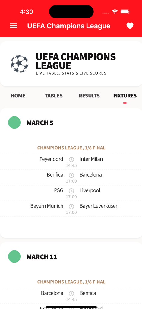 Roja Directa TV - Aplicación Roja Directa TV que muestra el calendario de partidos de la UEFA Champions League