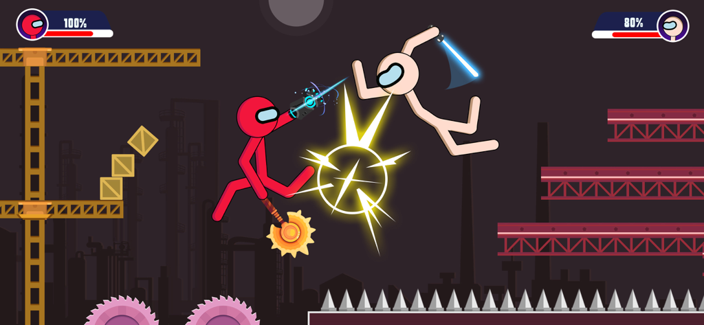 Dois guerreiros stickman lutando com armas em uma batalha de jogo de ação 2D baseada em física.