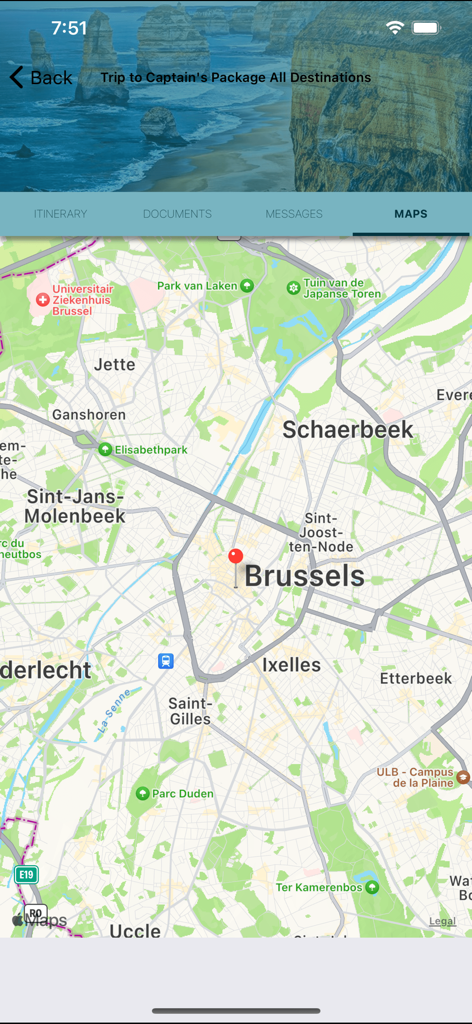 Travel Managers New Zealand - Travel app interface showing a city map of Brussels with a destination marker