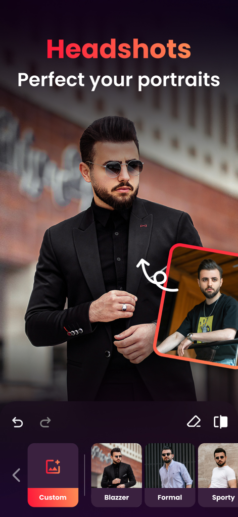 PhotoX app screen demonstrating AI headshot generation to transform casual photos into professional portraits