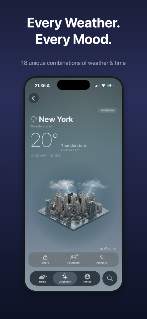 Atlantis AI - 3D Weather App - Atlantis AI weather app interface featuring a 3D isometric diorama of New York City during a thunderstorm.