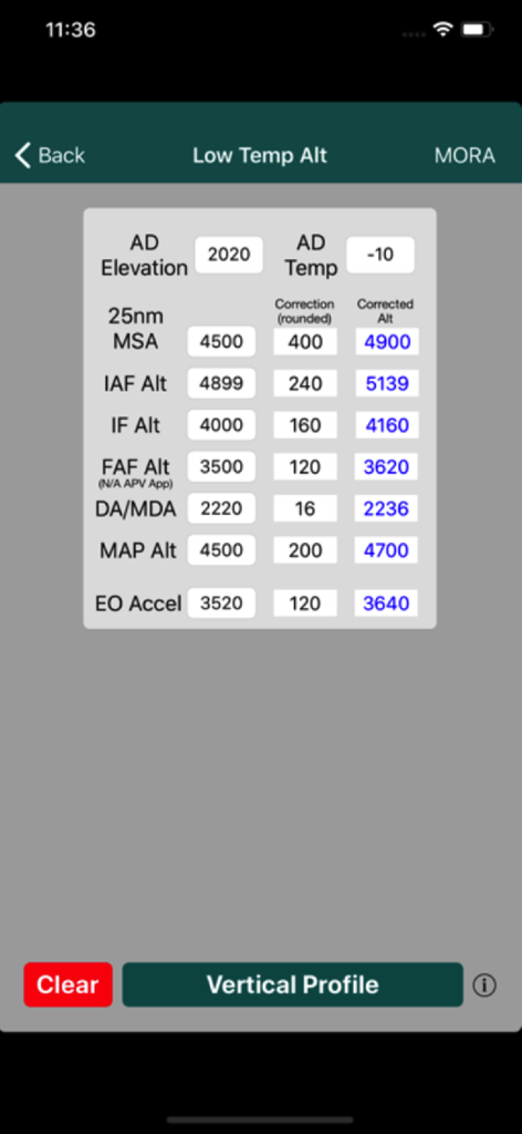 Capture d'écran de l'application CX ToolKit affichant un calculateur de correction altimétrique basse température avec des champs pour l'altitude et la température.