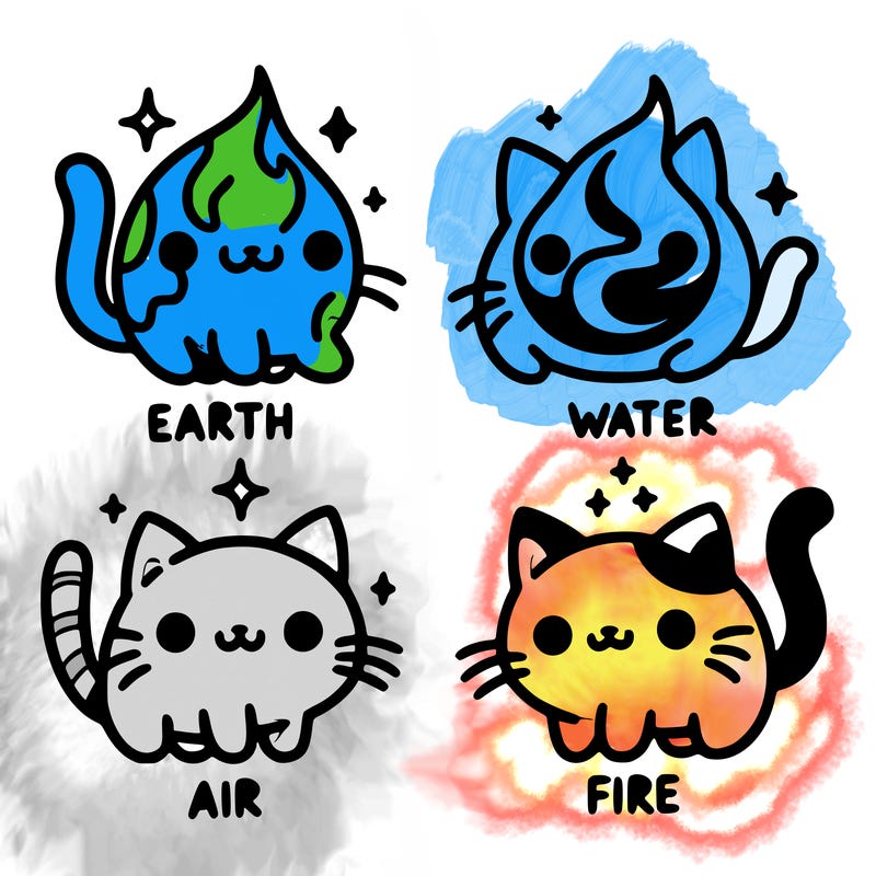 4 cats that represent the different elements, earth, water, air, and fire