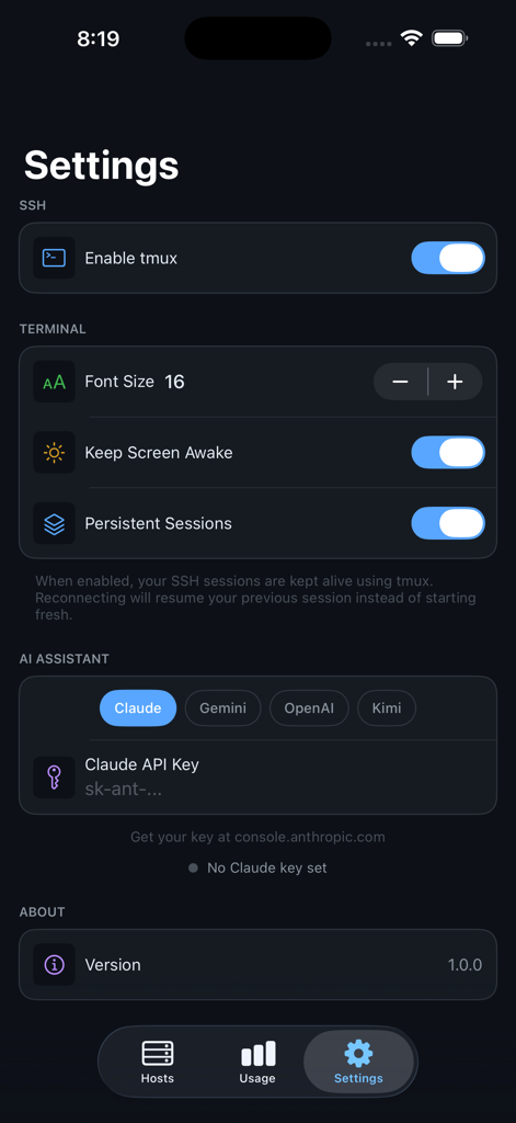iSSH - The settings interface of iSSH mobile app featuring terminal controls like tmux and font size alongside AI assistant API settings