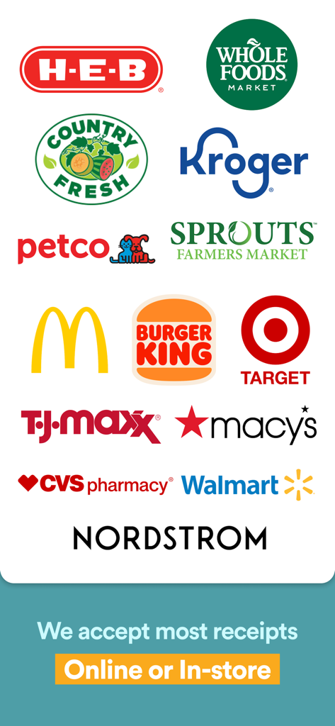 Logos of major US retailers including Walmart, Target, and Kroger with a caption saying most receipts are accepted online or in-store.