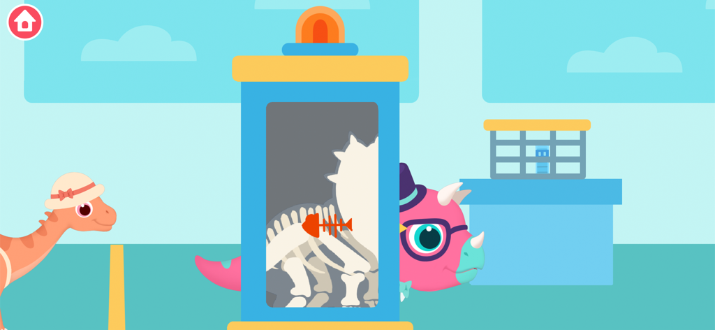 Un dinosaure rose portant des lunettes passant par un scanner à rayons X d'aéroport montrant son squelette.