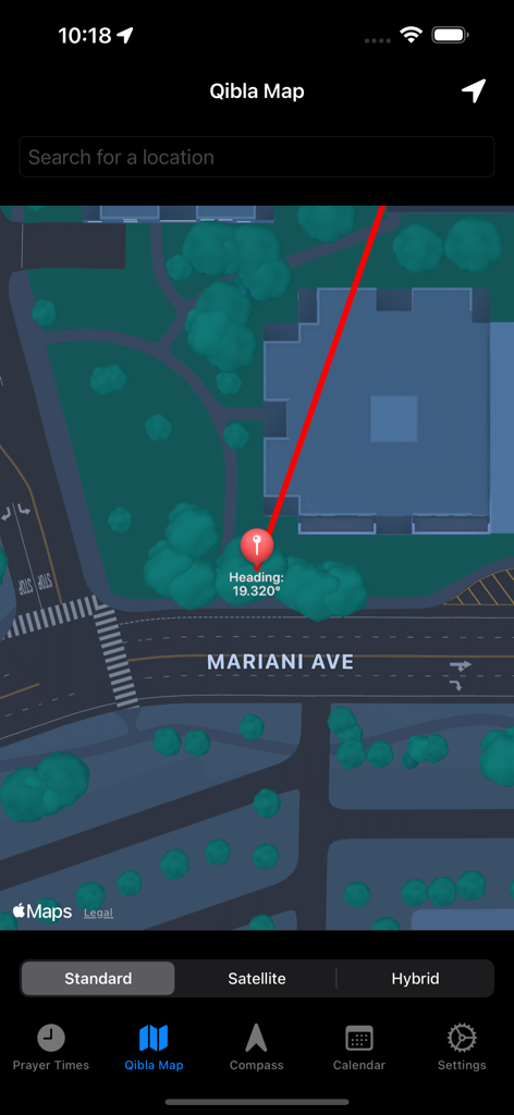 alQibla - The alQibla app displaying the direction of prayer on a city map
