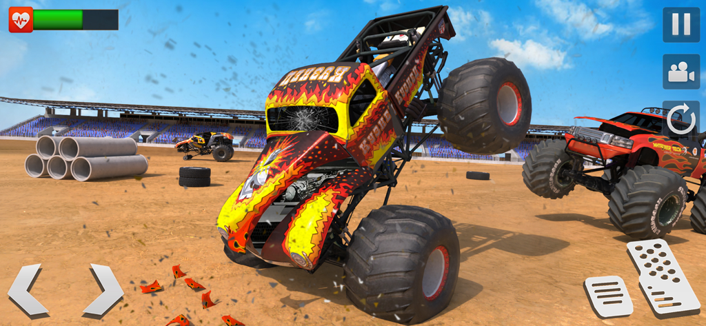 Monster Trucks 4x4 Racing Game - A yellow monster truck with flame decals performing a wheelie in a stadium arena