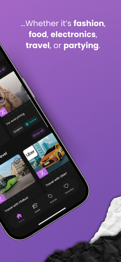 Diverzum - Student discounts - Diverzum app interface showing student discounts for travel and lifestyle brands like Uber and FlixBus