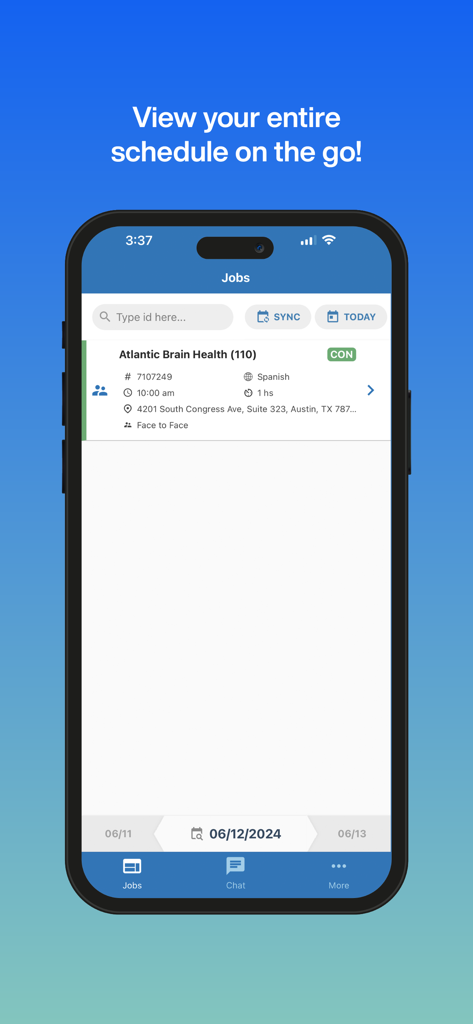 Mobile app interface of Interpreter Intelligence showing a list of scheduled interpretation jobs including client names and appointment details