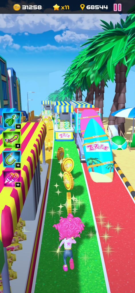 Zozole Run - Pink haired character running through a tropical beach level in Zozole Run