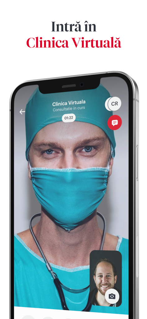 REGINA MARIA - Smartphone screen showing a live video consultation with a doctor using the Regina Maria Virtual Clinic feature