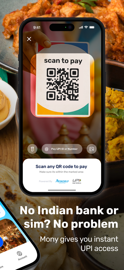 Mony app scanner screen for UPI payments in India without a local bank account.
