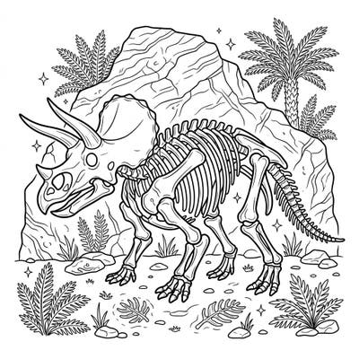Embark on a prehistoric journey with this captivating Triceratops skeleton coloring page. Explore the intricate details of this ancient dinosaur fossil, ready for your creative touch.