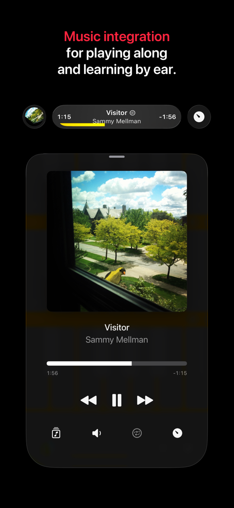 I Love a Piano - Music integration screen in the I Love a Piano app showing playback controls and track information for playing along.