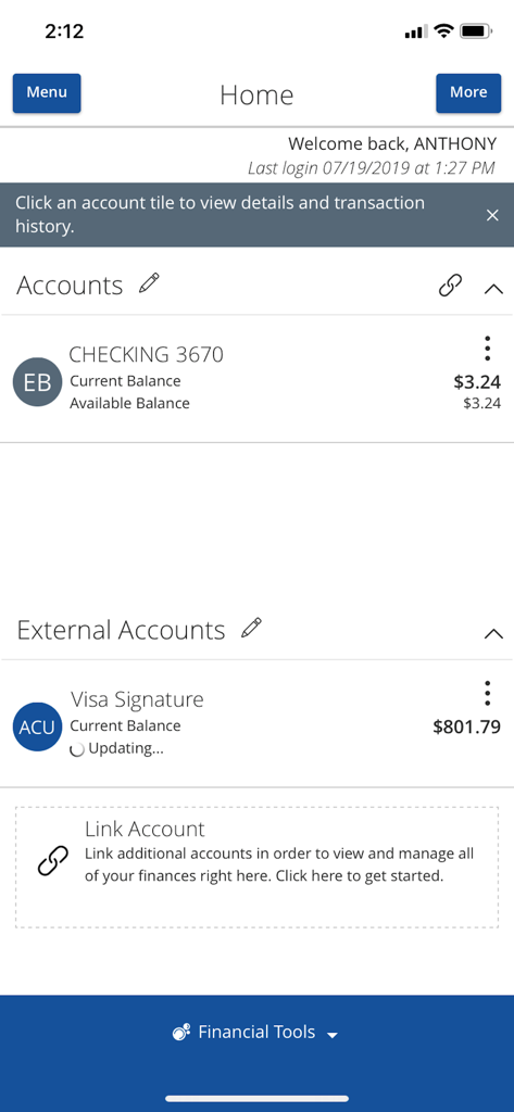 Exchange Bank Mobile Banking - Exchange Bank mobile banking app home screen showing checking and external account balances