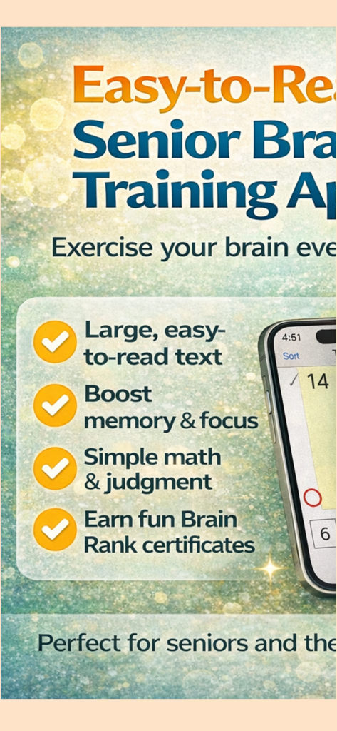 Werbebildschirm für die Gehirntraining-App für Senioren, der Funktionen wie große Schrift, Gedächtnisverbesserung, einfache Mathematik und Rangzertifikate hervorhebt.