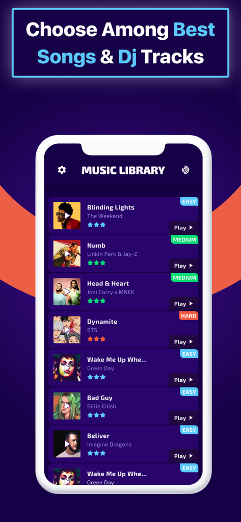 Magic Drums: AI Rhythm Games - Music library interface in Magic Drums app showing a list of popular songs with difficulty levels like easy and medium