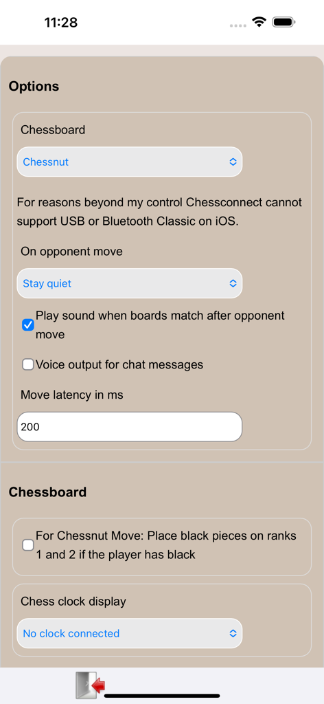 Chessconnect - Settings menu for the Chessconnect app featuring options to configure electronic chessboards and game behavior